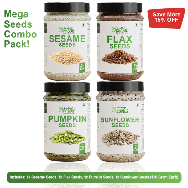Bundle Of 4 150GM- Green Pumpkin, Sunflower, Flexseeds, Seasame Seeds PCOS Seeds Cyling Kit Jar