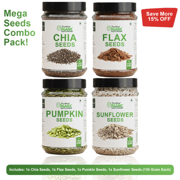 Bundle Of 4 150GM- Green Pumpkin Seeds Without Shell | Sunflower Seeds Without Shell | Flexseeds | Chia Seeds Jar