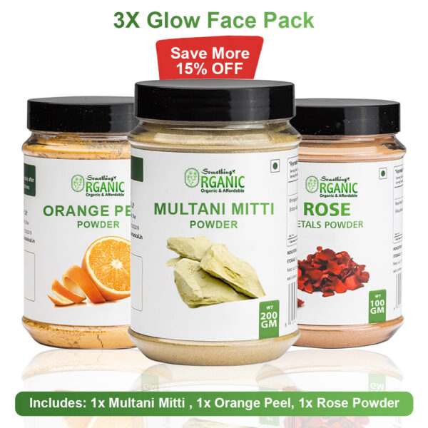 Pack of 3 200GM- Multani Mitti Powder & 100Gm- Rose Powder + Orange Peel Powder – Natural Skin Care Blend for Glowing & Radiant Skin Jar