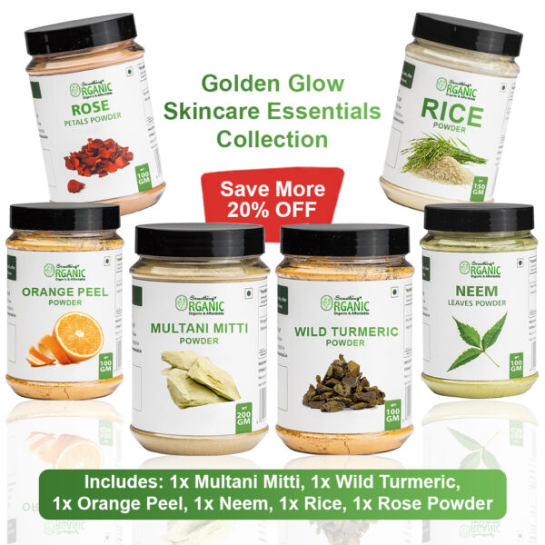 Pack of 6 –200GM - Multani Mitti + 150GM Rice Powder & 100GM Orange Peel + Rose + Neem + Wild Turmeric Powder | Herbal Ubtan Face Pack for Glow & Acne Care Jar