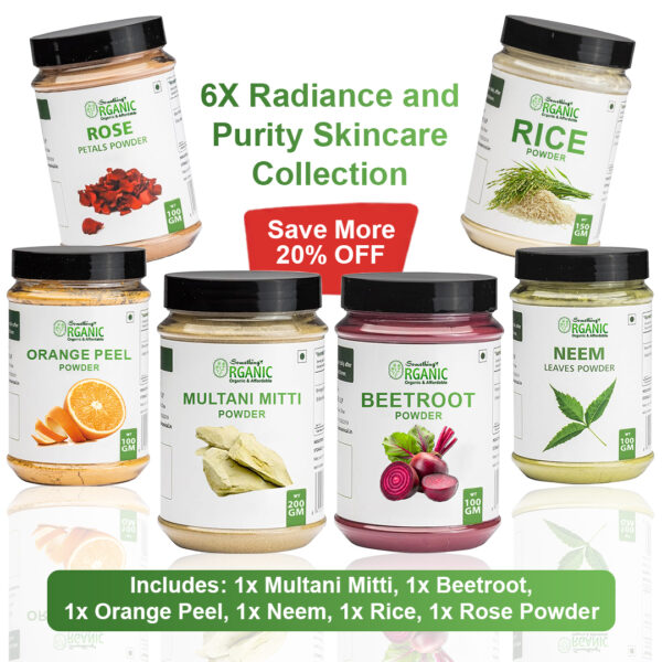 Pack of 6 –200GM - Multani Mitti + 150GM - Rice Powder & 100GM Orange Peel + Rose + Neem + Beetroot Powder | Herbal Ubtan Face Pack for Glow & Acne Care Jar