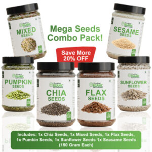 Bundle Of 6 150GM- Mixed Seeds & Green Pumpkin Seeds Without Shell | Sunflower Seeds Without Shell | Flexseeds | White Sesame Seeds | Chia Seeds PCOS Seeds Cyling Kit Jar