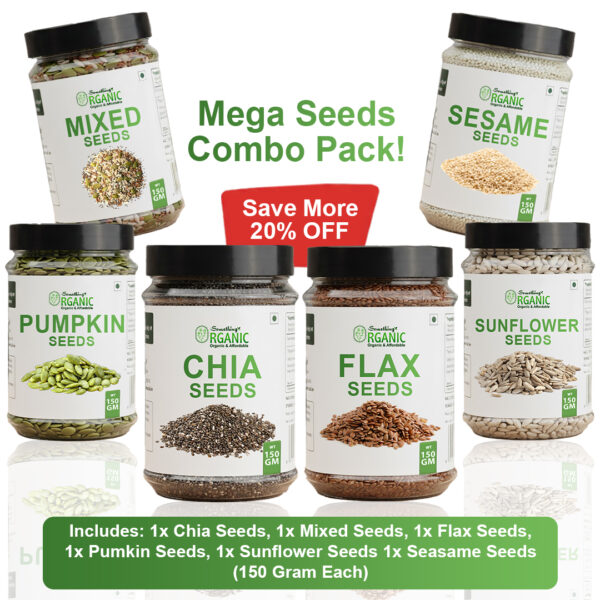 Bundle Of 6 150GM- Mixed Seeds & Green Pumpkin Seeds Without Shell | Sunflower Seeds Without Shell | Flexseeds | White Sesame Seeds | Chia Seeds PCOS Seeds Cyling Kit Jar