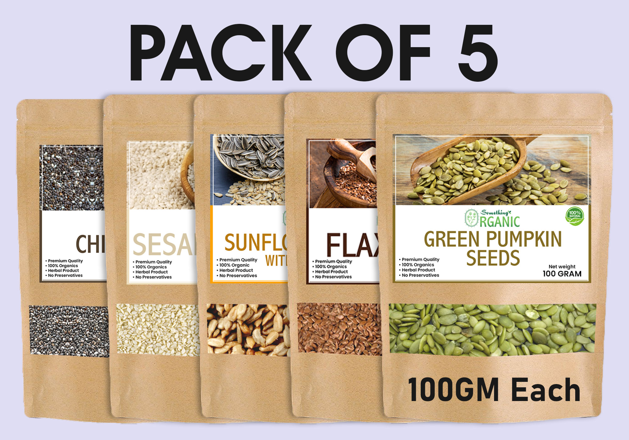 PCOS Seeds Kit Bundle - Green Pumpkin, Sunflower, Flaxseeds, Sesame & Chia Seeds for Hormonal Balance